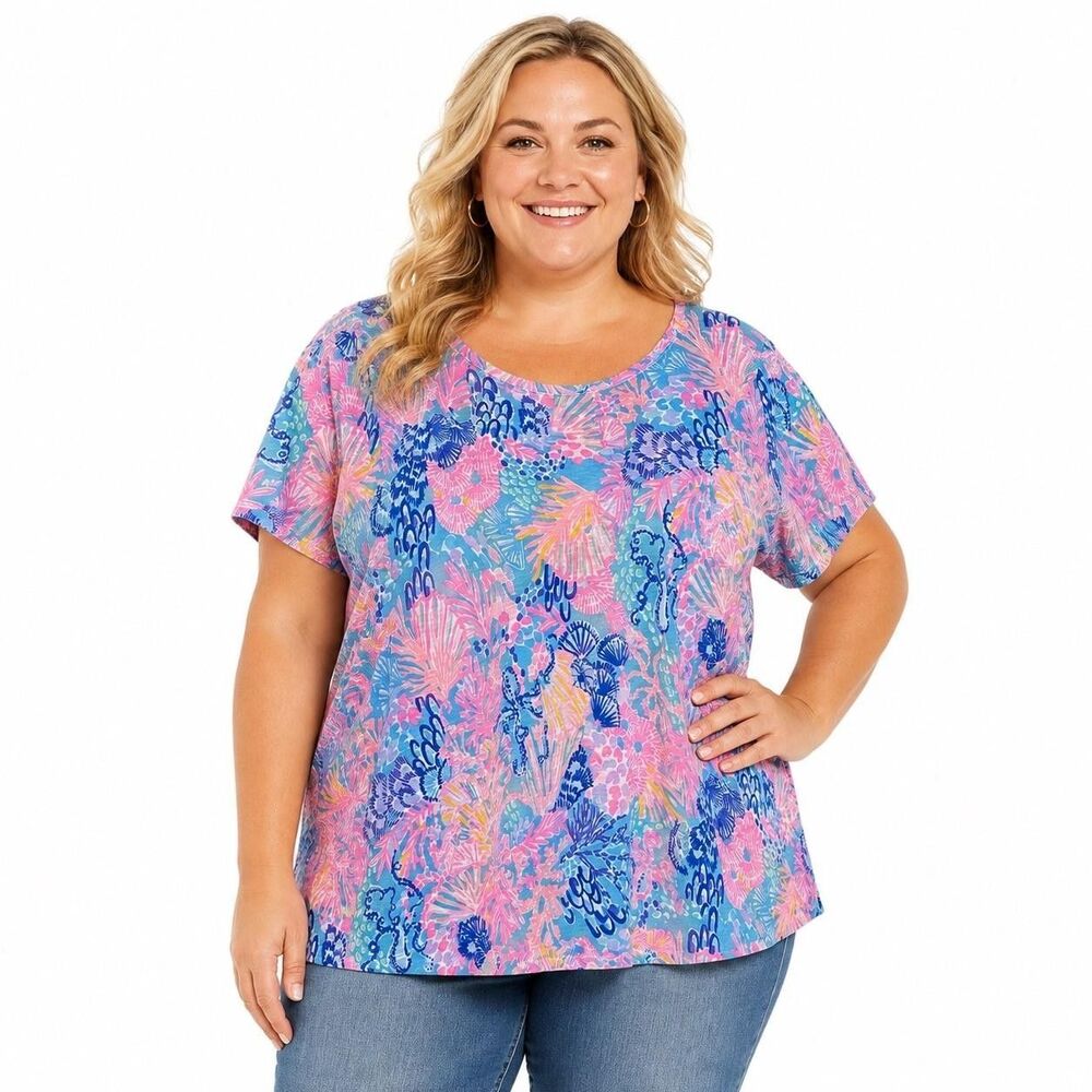 Lilly Pulitzer Shirt Womens XL Multicolor Floral Scoop Neck Short Sleeve Top